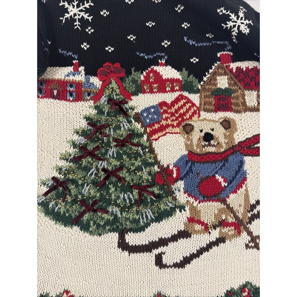 Vtg 90's Christmas Sweater Women's PMed 3D Patriotic Bear Skiing American Beaded - Picture 7 of 16